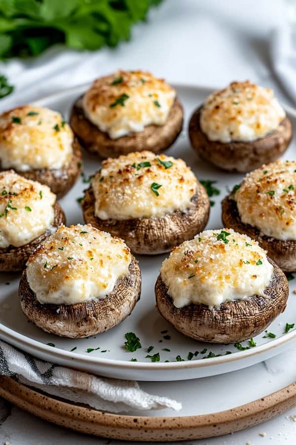 stuffed mushrooms with cream cheese and cheddar served