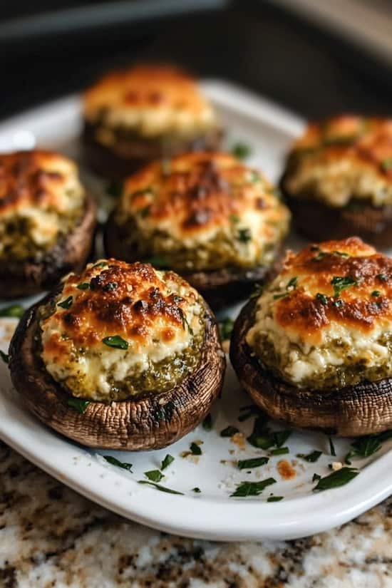 easy Pesto and Mozzarella Stuffed Mushrooms