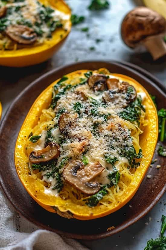 easy Spaghetti Squash with Mushroom and Spinach Cream Sauce