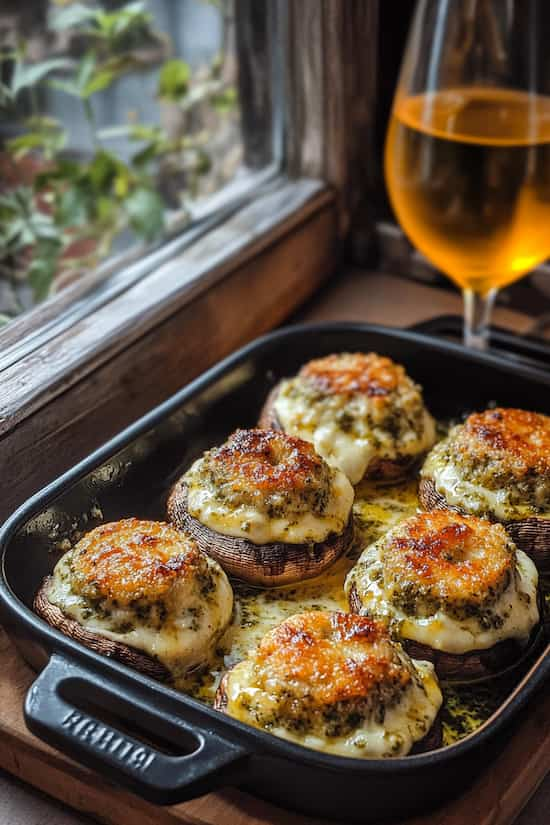 stuffed mushrooms in a creamy pesto sauce