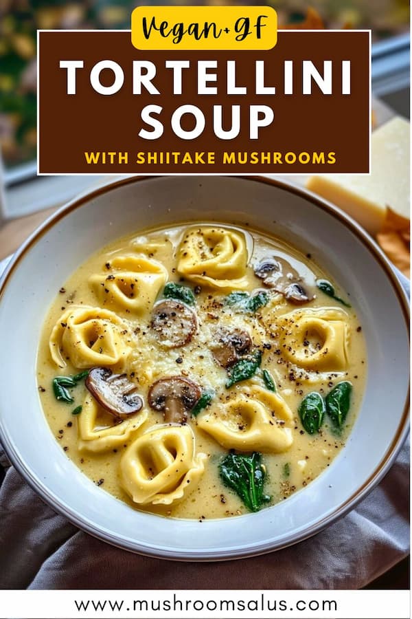 easy vegan and gluten free tortellini soup with mushrooms and coconut milk.