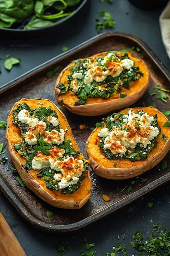 easy spinach and feta stuffed sweet potatoes