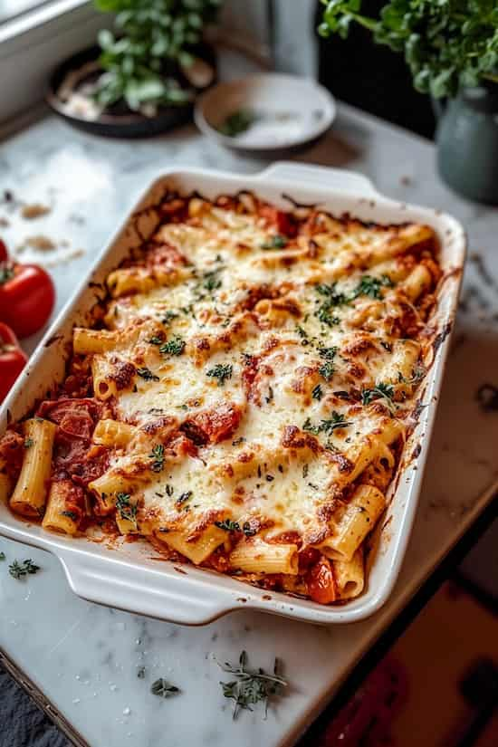 omato and mozzarella pasta bake