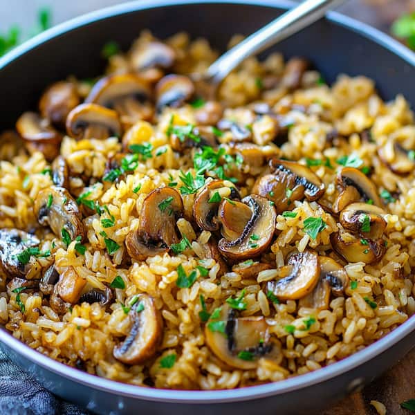 mushroom rice in a pan