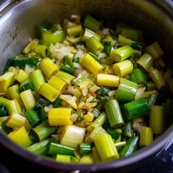 leeks and onions sauting