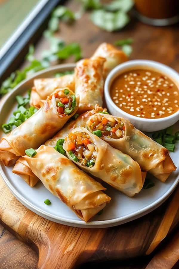 crispy baked spring rolls with peanut sauce on the table