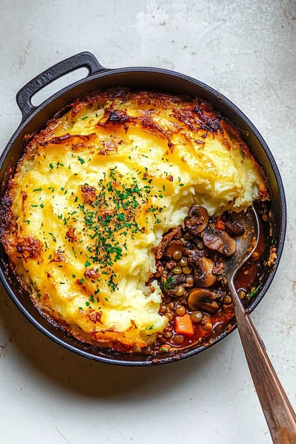 vegan shepherds pie with lentil and mushrooms