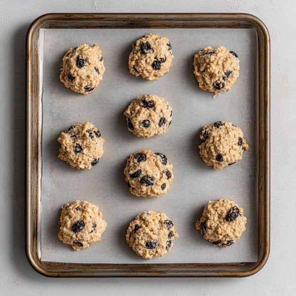 raisin cookies on the baking sheet