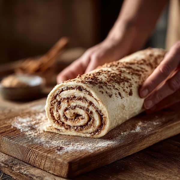 cinnamon roll dough into log
