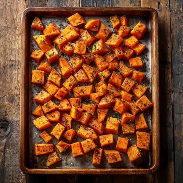 roasted sweet potatoes on the baking sheet
