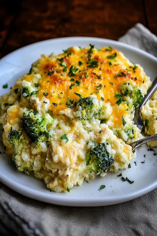 broccoli rice casserole served