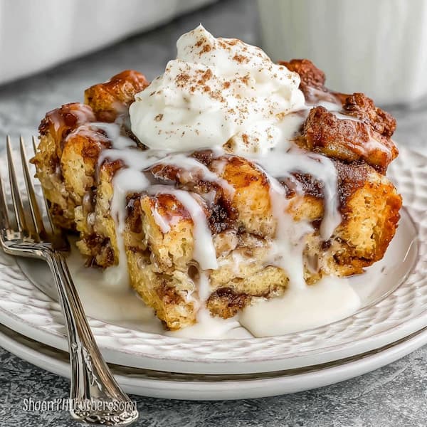 cinnamon roll french toast casserole served