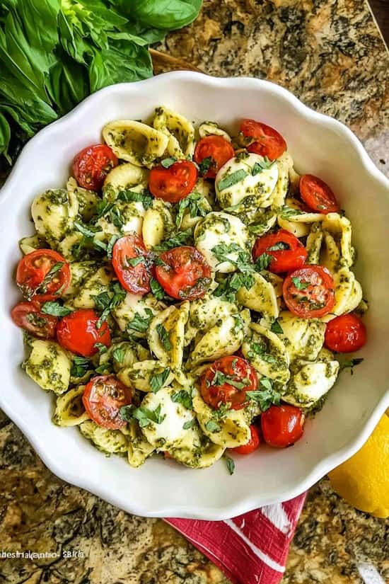 pesto pasta with mozarella and tomatoes rec